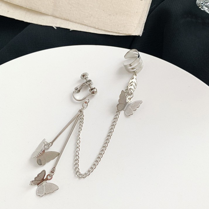 Khuyên tai kẹp vành một bên không bấm lỗ K014 bằng hợp kim mạ bạc hình cánh bướm dáng dài Leous Accessories