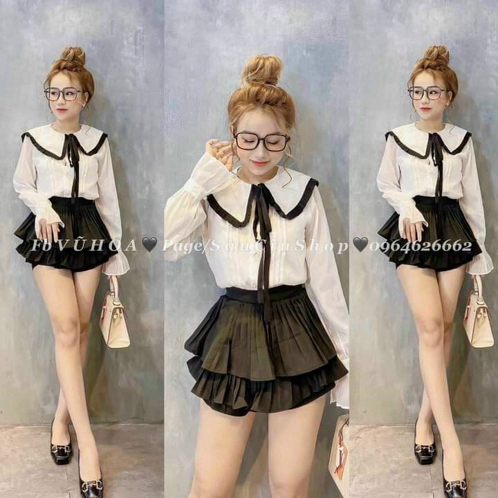 Áo sơ mi nữ cô bèo viền nơ