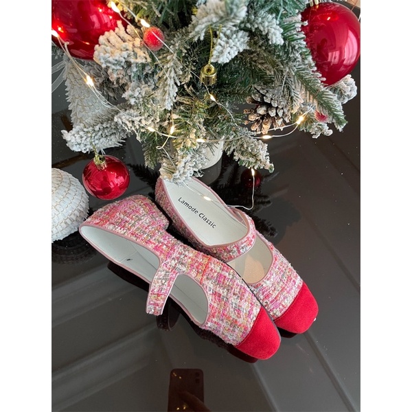 Giày búp bê dạ tweed bọc mũi gót 3cm-ORD