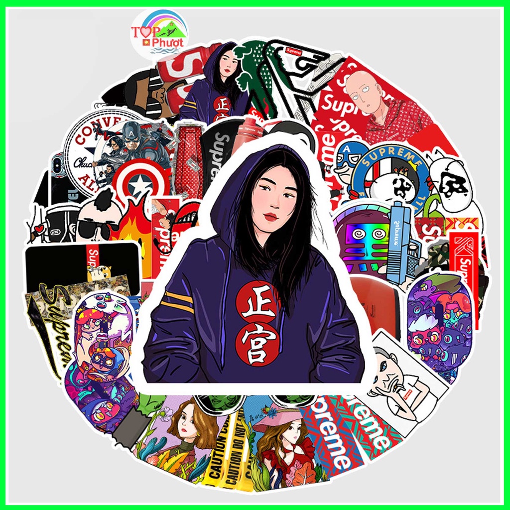 Bộ 60 Cái Sticker dán hoạt hình chủ đề Superme chống nước sticker dán mũ bảo hiểm vali laptop cực xinh - M19