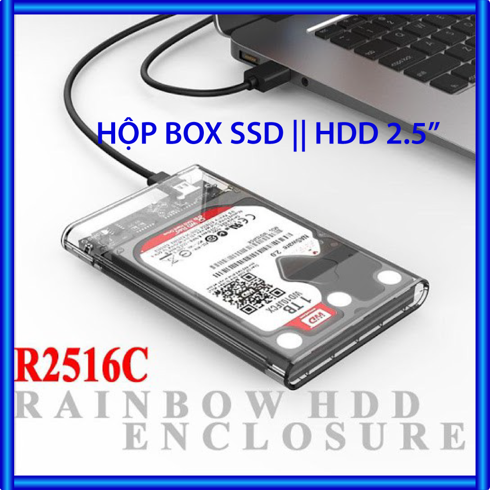 Hộp để ổ cứng di động Box HDD/SSD trong suốt RAINBOW R2516C SATA 2.5 inch USB 3.1 hỗ trợ lên đến 4TB (Type C) | BigBuy360 - bigbuy360.vn