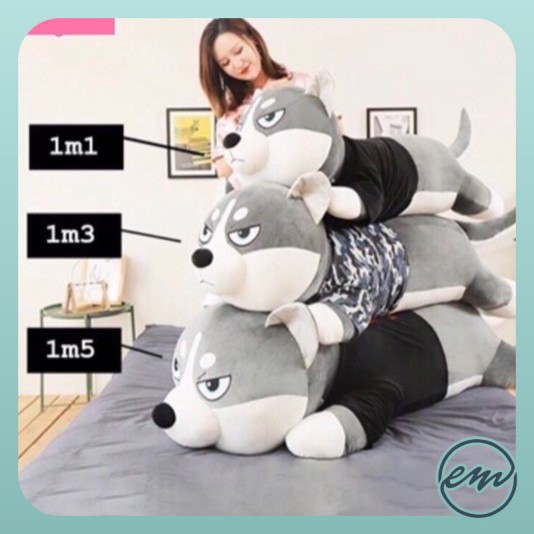 Gấu bông chó Husky - Áo kẻ có khóa sườn tách bông - Kích thước 1m2-1m5-1m7