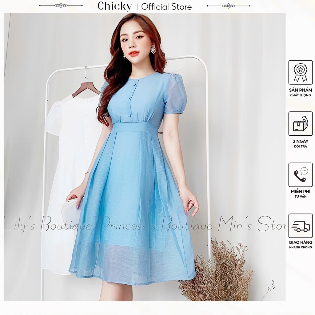 váy đầm nữ đầm dáng xòe cổ tròn tay con đính kèm hàng nút sang trọng