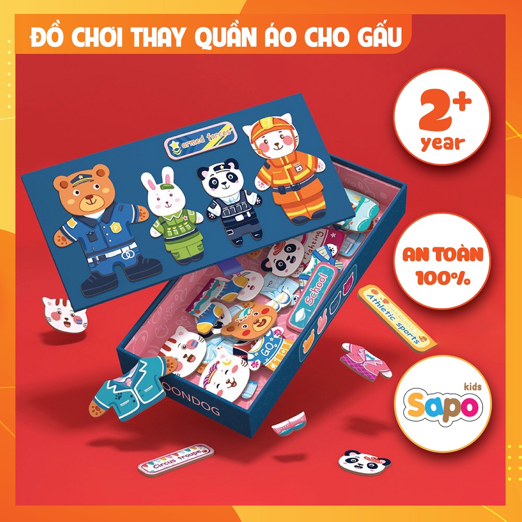 Đồ chơi cho bé,bộ xếp hình gỗ thay quần áo cho gia đình thỏ gấu sapo kids