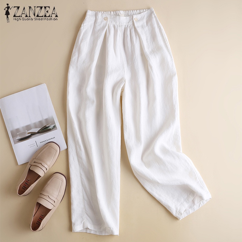 Quần dài ZANZEA ống rộng lưng thun màu trơn thời trang cho nữ