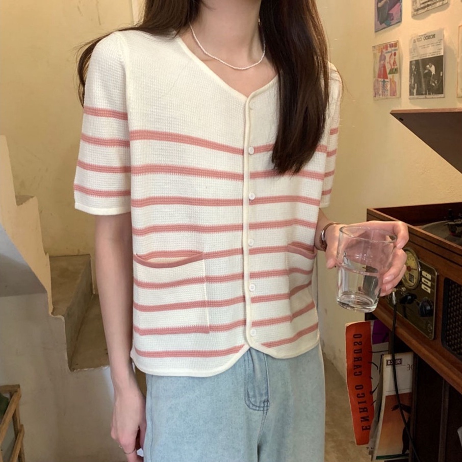 Áo cardigan dệt kim ZHELIHANGFEI tay ngắn cổ tròn họa tiết sọc đơn giản dễ thương