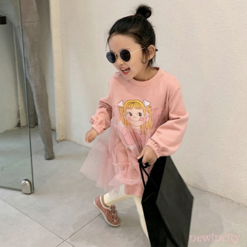 Korean Girls Dress Kids Spring Girls Cute Cartoon Print Mesh Stitching Princess Long-Sleeved Dress