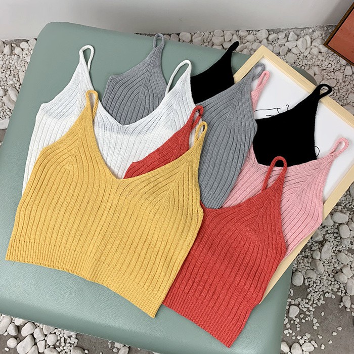 Áo yếm croptop ba lỗ hai dây len mỏng mềm mại cổ chữ V