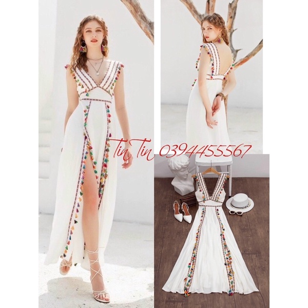 Đầm maxi boho đi biển tua rua xẻ tà phối viền ren siêu phẩm sống ảo lên hình cực chất chill và sang chảnh