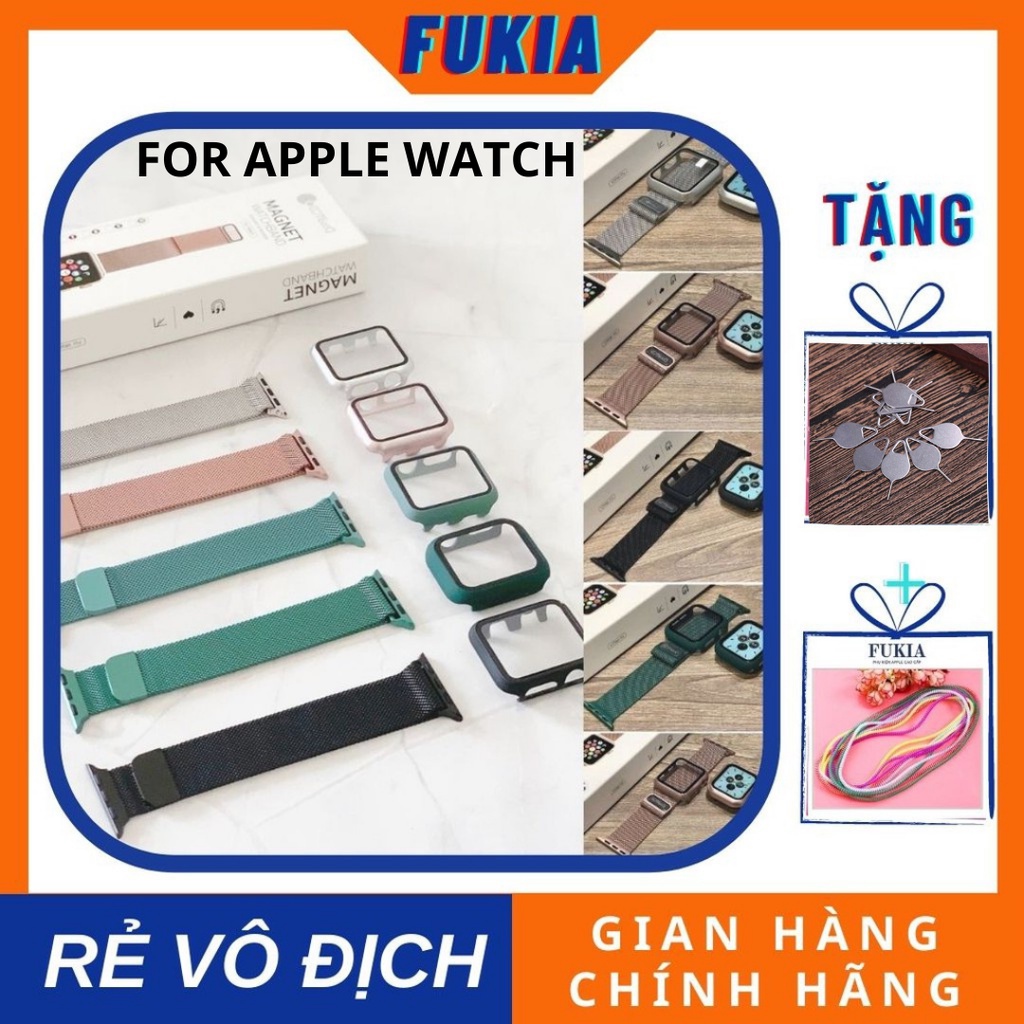 Combo dây thép và Ốp liền kính cường lực cho Apple Watch đồng hồ thông minh iWatch Series1/2/3/4/5/6/SE size 38/40/42/44