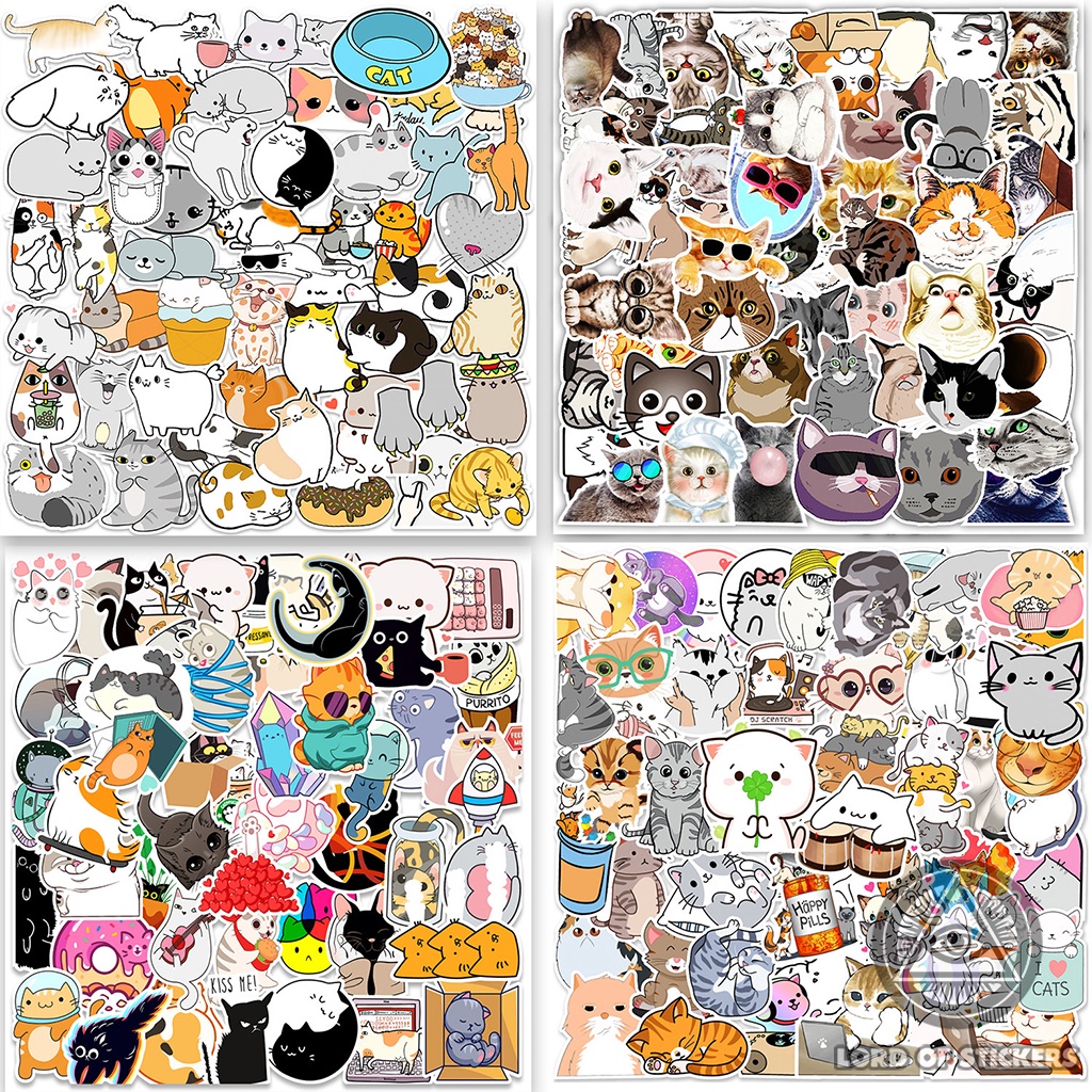 Set 50-200 Miếng Dán Hoạt Hình Mèo Dễ Thương Sticker Cute Tùy Chọn Chống Thấm Nước Trang Trí Mũ Bảo Hiểm, Laptop, Sổ