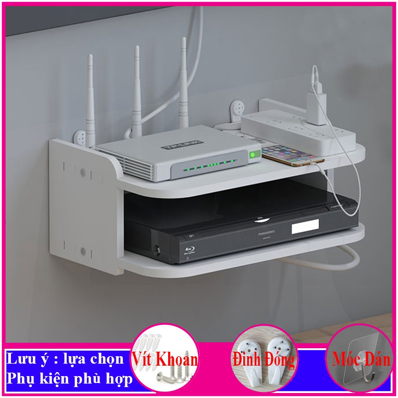 kệ wifi treo tường 2 tầng, giá để modem, đầu thu kỹ thuật số, điện thoại, remote, ổ cắm điện, tạo không gian gàng - a28