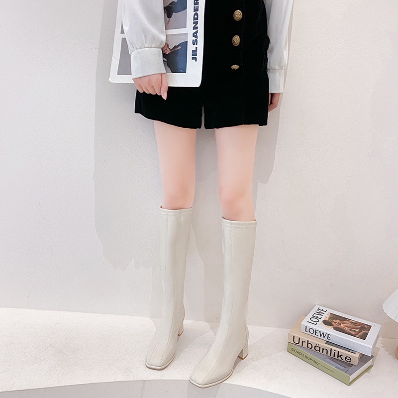 Giày bốt cao gót mũi vuông dài tới gối màu trơn phối khóa kéo thời trang cho nữ