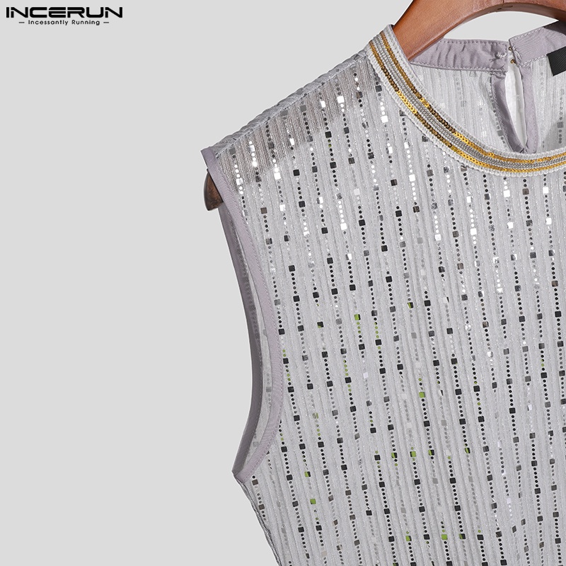 Áo croptop INCERUN kiểu sát nách kẻ sọc xuyên thấu gợi cảm cho nam