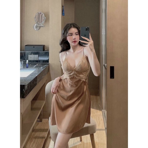 Đầm ngủ gợi cảm có mút ngực Chất Lụa Latin phối ren sang trọng Đồ ngủ nữ sexy