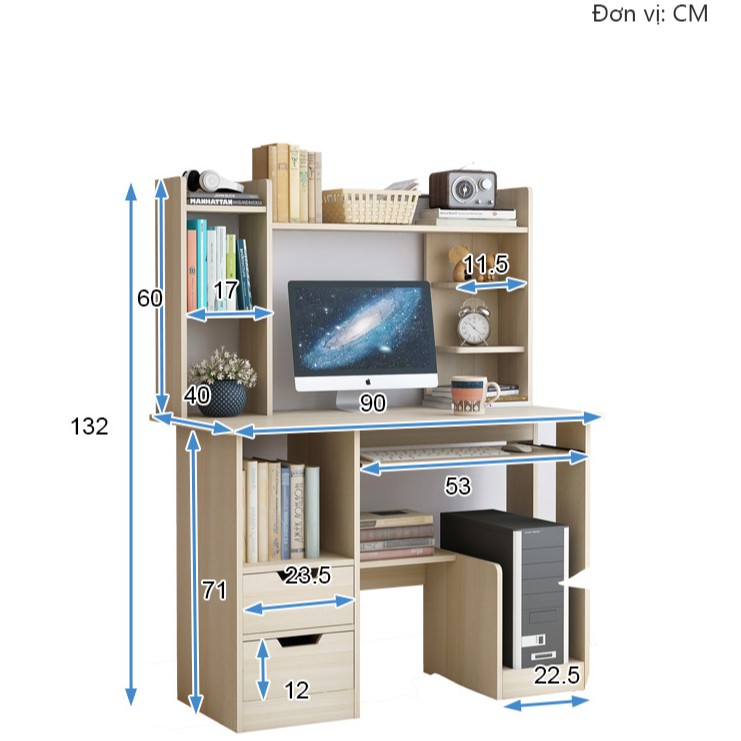 Bàn học  bàn máy tính kèm giá sách đa năng nhiều ngăn hiện đại bàn làm việc bằng gỗ - FU158