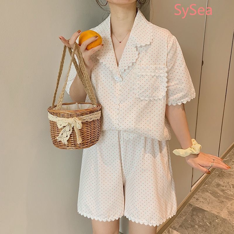 Bộ Đồ Ngủ ngắn tay Phối Ren Họa Tiết Chấm Bi Thời Trang Mùa Hè Cho Nữ