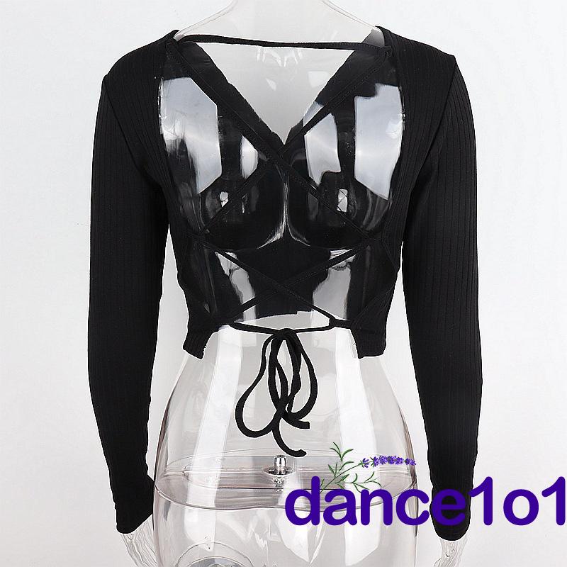 Áo tay dài cổ chữ V khoét sâu hở rốn và lưng phối dây băng quyến rũ cho nữ