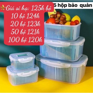 Set 5 hộp rổ xanh tủ lạnh 3in1 rổ- chậu-nắp