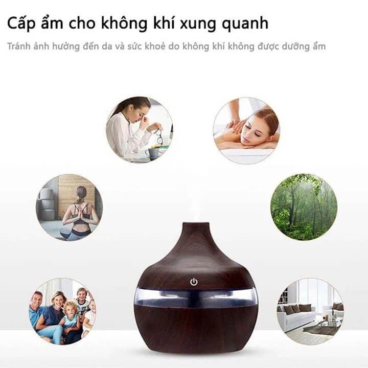 Máy khuếch tán tinh dầu phun sương giúp xông tinh dầu vân gỗ hình bí ngô dung tích 300ml có đèn led cao cấp