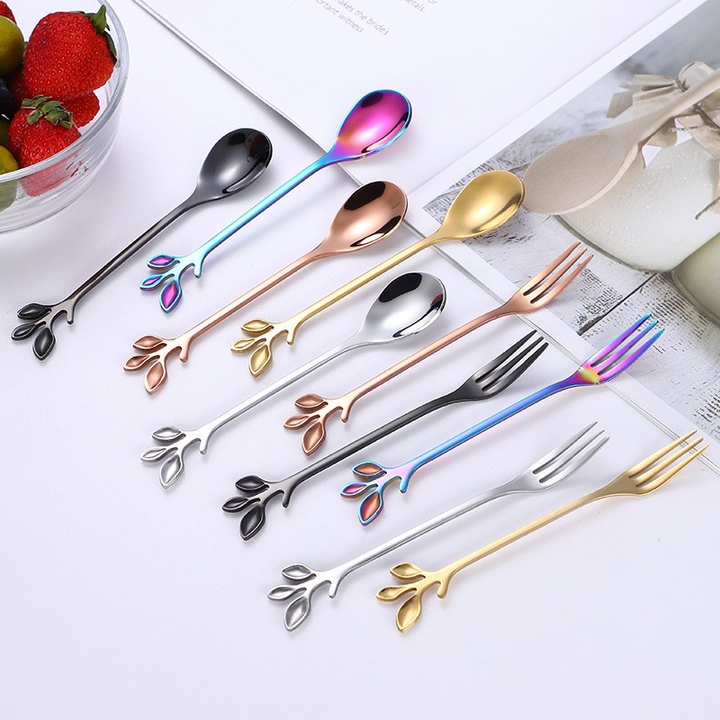 Muỗng/ Nĩa ăn tráng miệng thiết kế chiếc lá bằng thép không gỉ tiện lợi