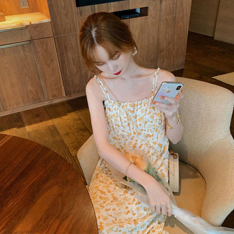 Đầm Hai Dây Họa Tiết Hoa Nữ Tính đầm bầu váy nữ váy bé gái váy dài chân váy dài váy nữ chân váy dài