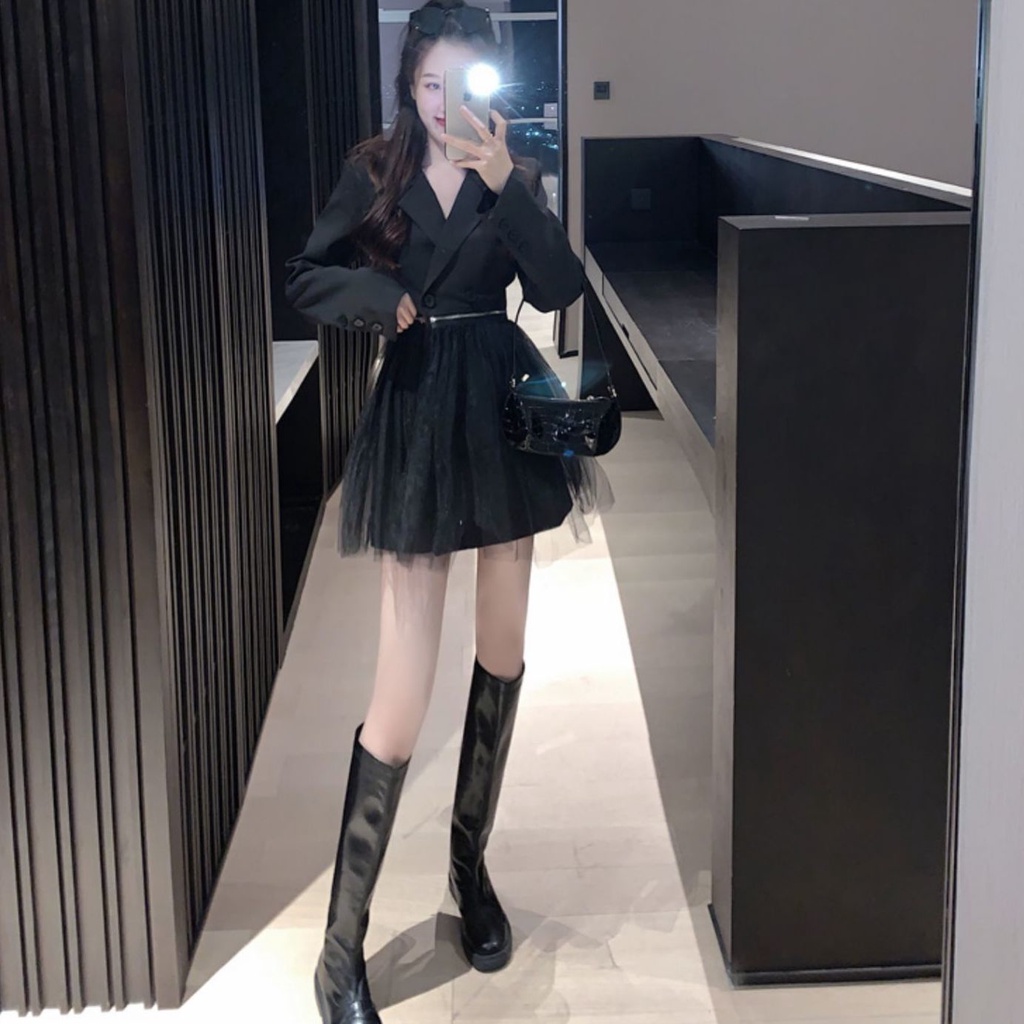 Đầm nữ màu đen phối lưới dáng ôm thời trang thu 2021