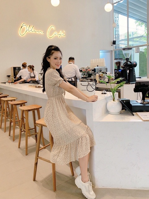 ĐẦM CHẤM BI 2 màu viền bèo 2 lớp xd