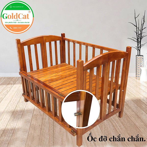 Cũi  giường cho bé Goldcat  2in1 chất liệu gỗ Quế màu cánh gián, bảo hành 3 năm.