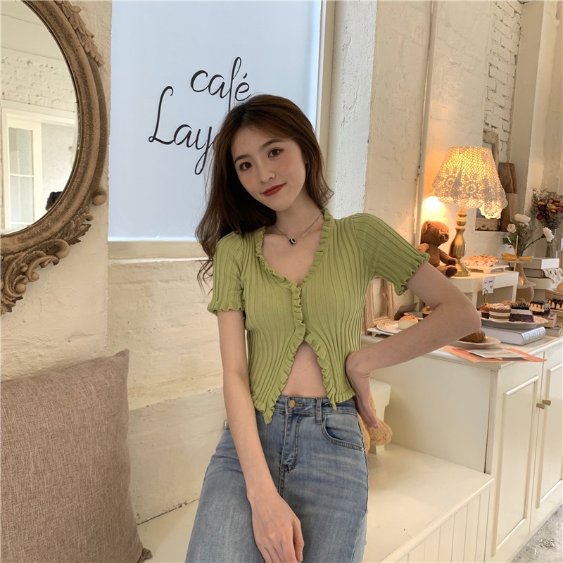 Xiaozhainv Áo Thun Tay Ngắn Màu Trơn Phong Cách Hàn Quốc