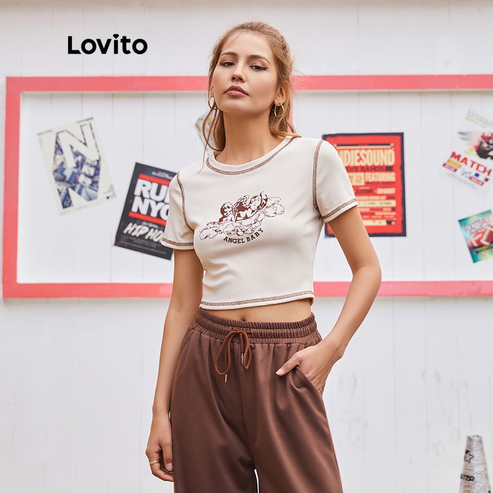 Áo thun Lovito đường viền màu tương phản in họa tiết hoạt hình phong cách cổ điển thường ngày L14D009 (Màu kaki) | BigBuy360 - bigbuy360.vn