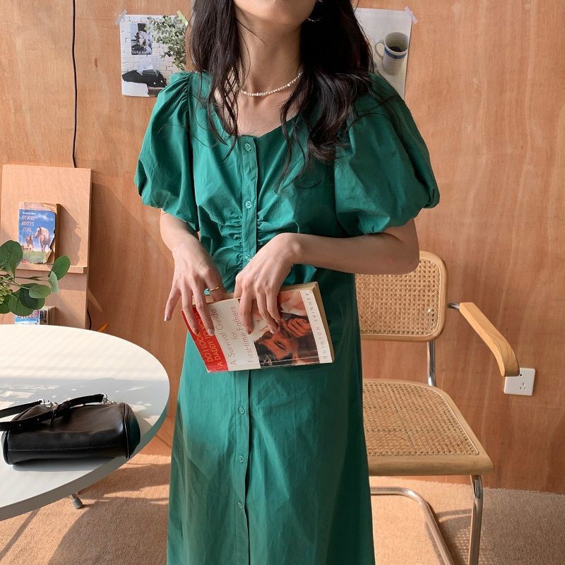 Phiên bản mùa hè Hàn Quốc mới 2021 váy mỏng, sinh viên siêu bất tử cổ vuông, tay áo bong bóng xếp ly, váy trắng | BigBuy360 - bigbuy360.vn