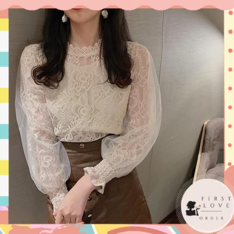(firstlove ORDER) Áo sơ mi dài tay ren hoa trắng phối voan lưới thanh lịch nhẹ nhàng trẻ trung tiểu thư 01