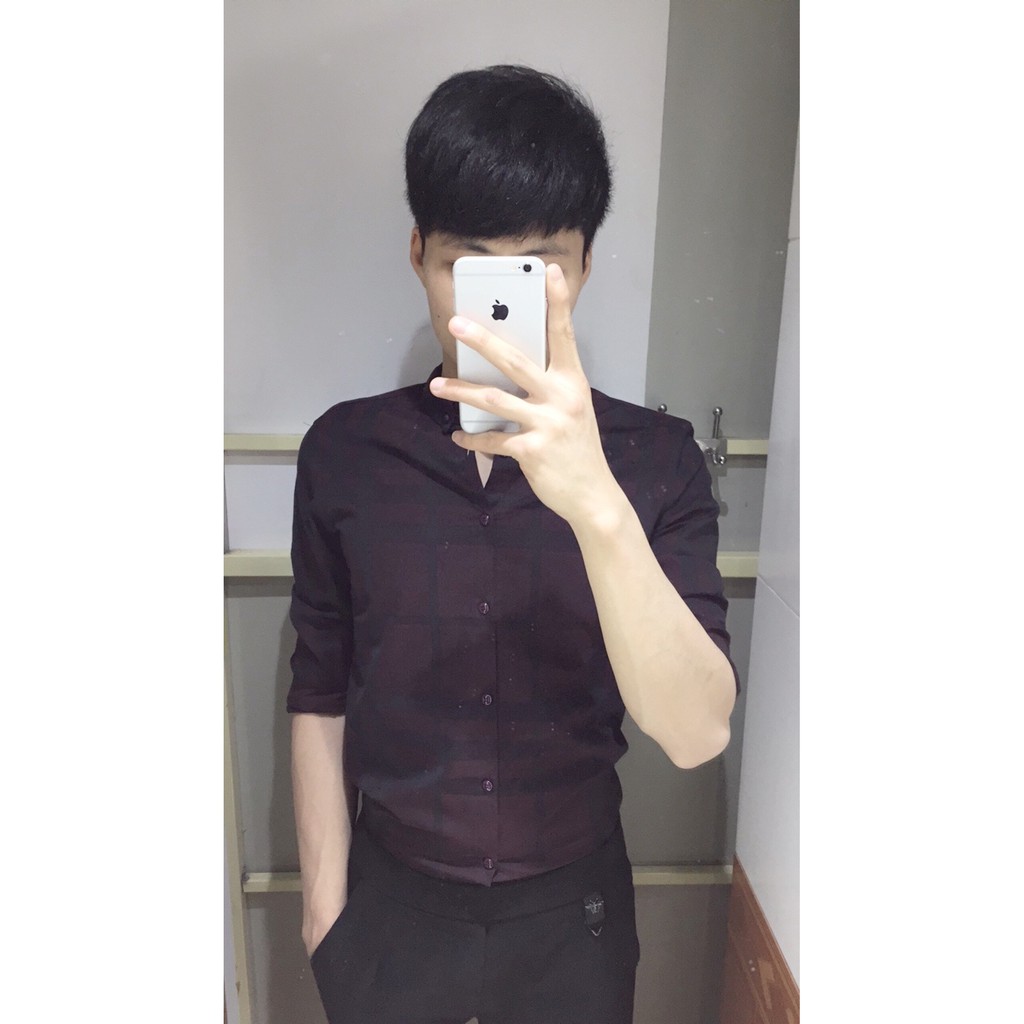 Áo Sơ mi kẻ vân chìm nam màu Đỏ Đô