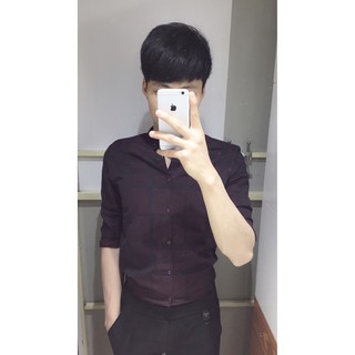 Áo Sơ mi kẻ vân chìm nam màu Đỏ Đô