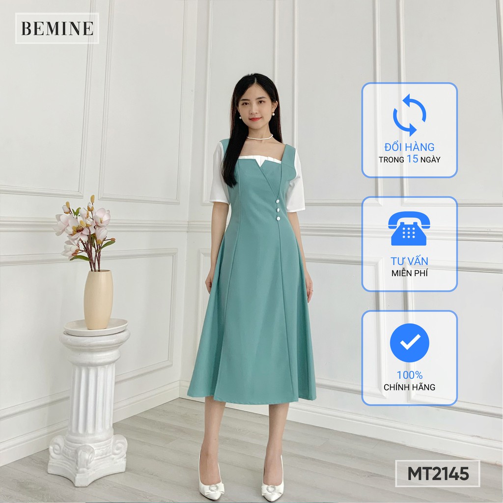 Đầm cổ vuông đắp chéo tà sẻ BEMINE MT2145XANH