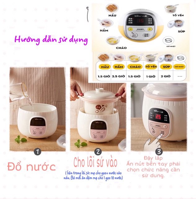 Nồi nấu cháo BEAR 0.8 lít [ Hàng sẵn HN ]  hầm cháo cách thủy dùng điện bằng thố sứ giữ hương vị luôn tươi ngon