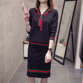 Sét bộ big size quảng châu áo và chân váy thun viền màu bằng len thắt nơ cổ D26