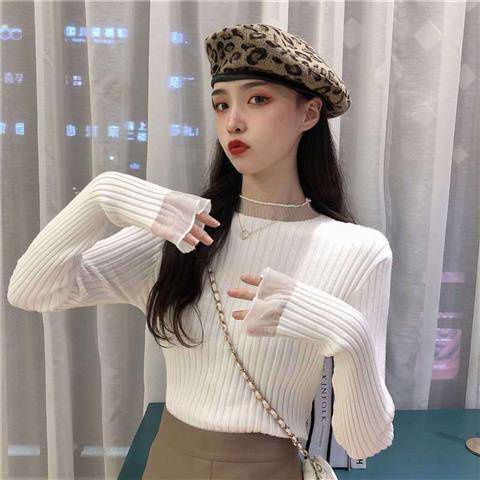 Áo sweater cổ lọ tay loe phối lưới thời trang thu đông sành điệu cho nữ