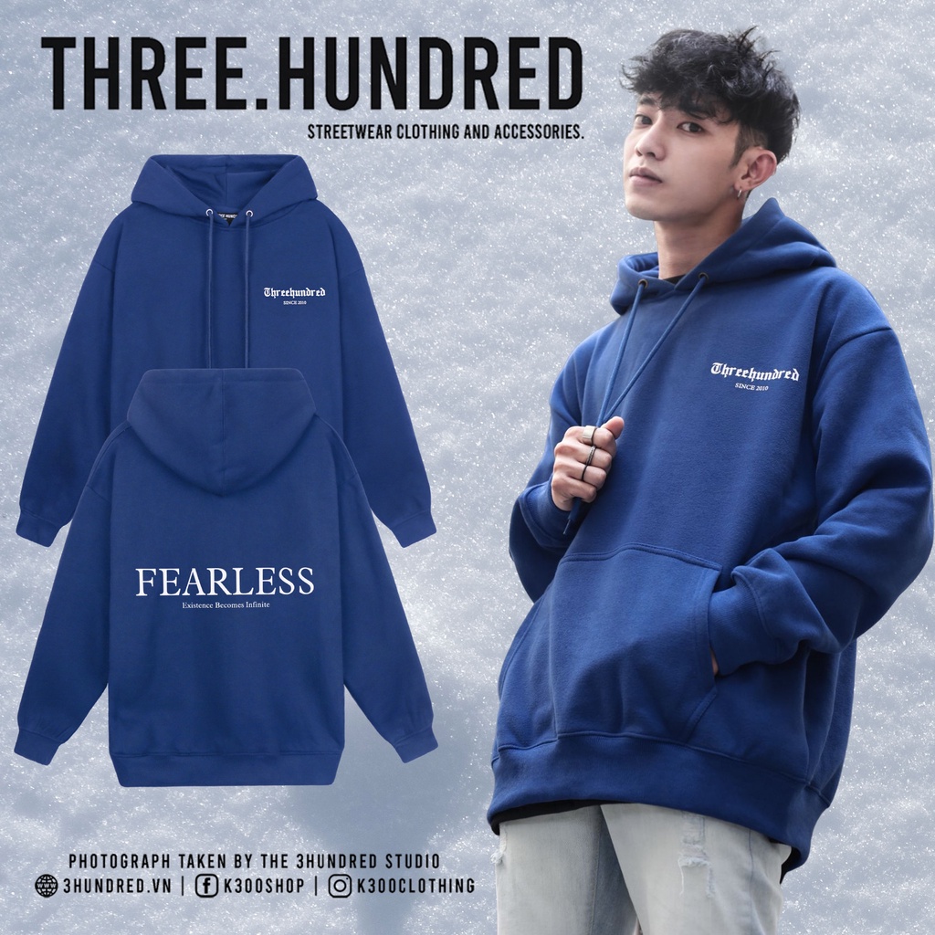 Áo Hoodie Fearless Màu Xanh Dương In Chữ Trắng Đơn Giản Chất Liệu Nỉ Bông Cotton