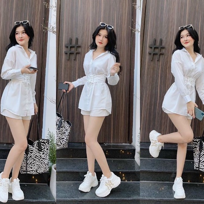 Sét đồ nữ xinh mix áo sơ mi trắng kèm đai bản to sang chảnh