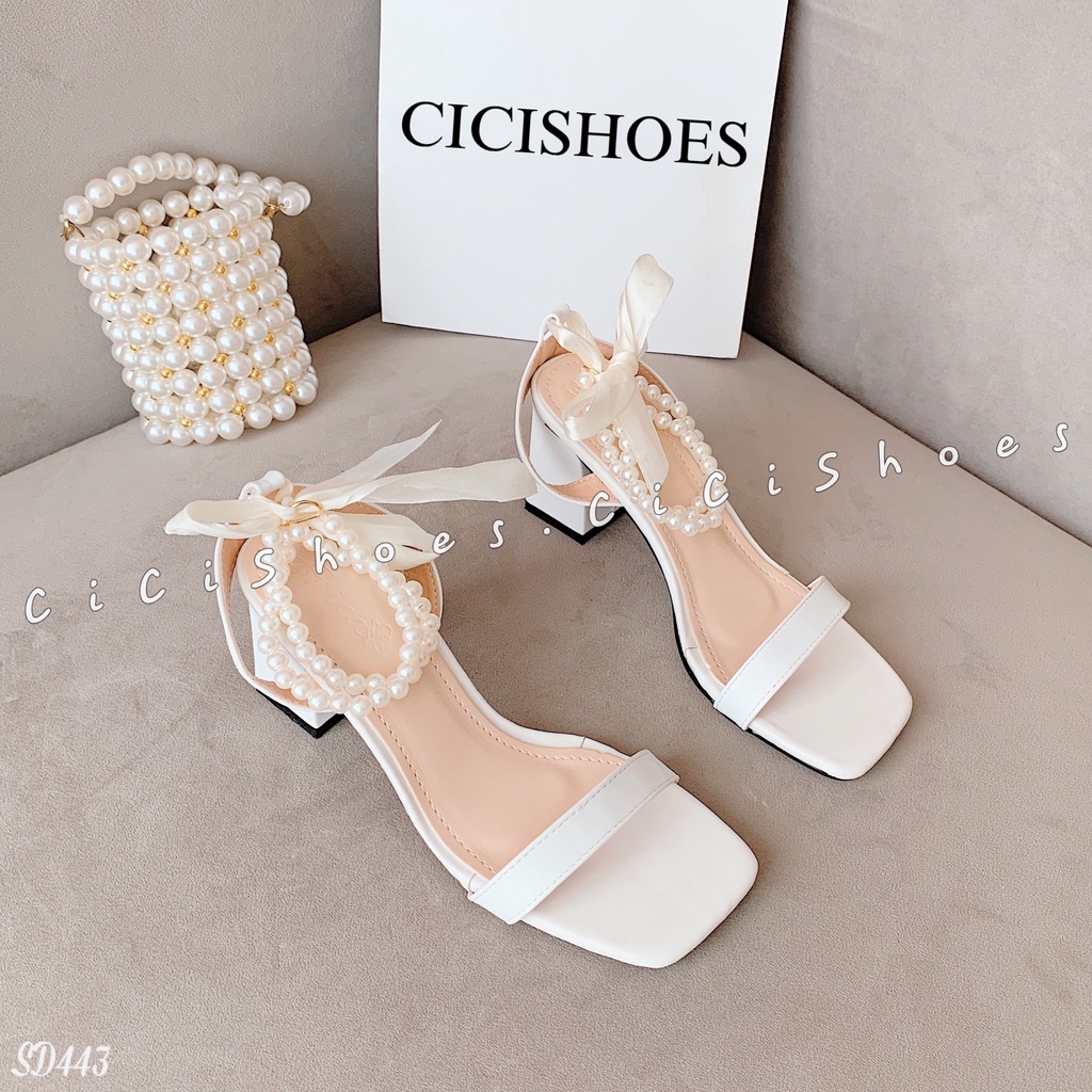 Dép cao gót da lì Cici Shoes đế vuông sandal cao gót quai ngọc thắt nơ lụa GV 6p - SD443