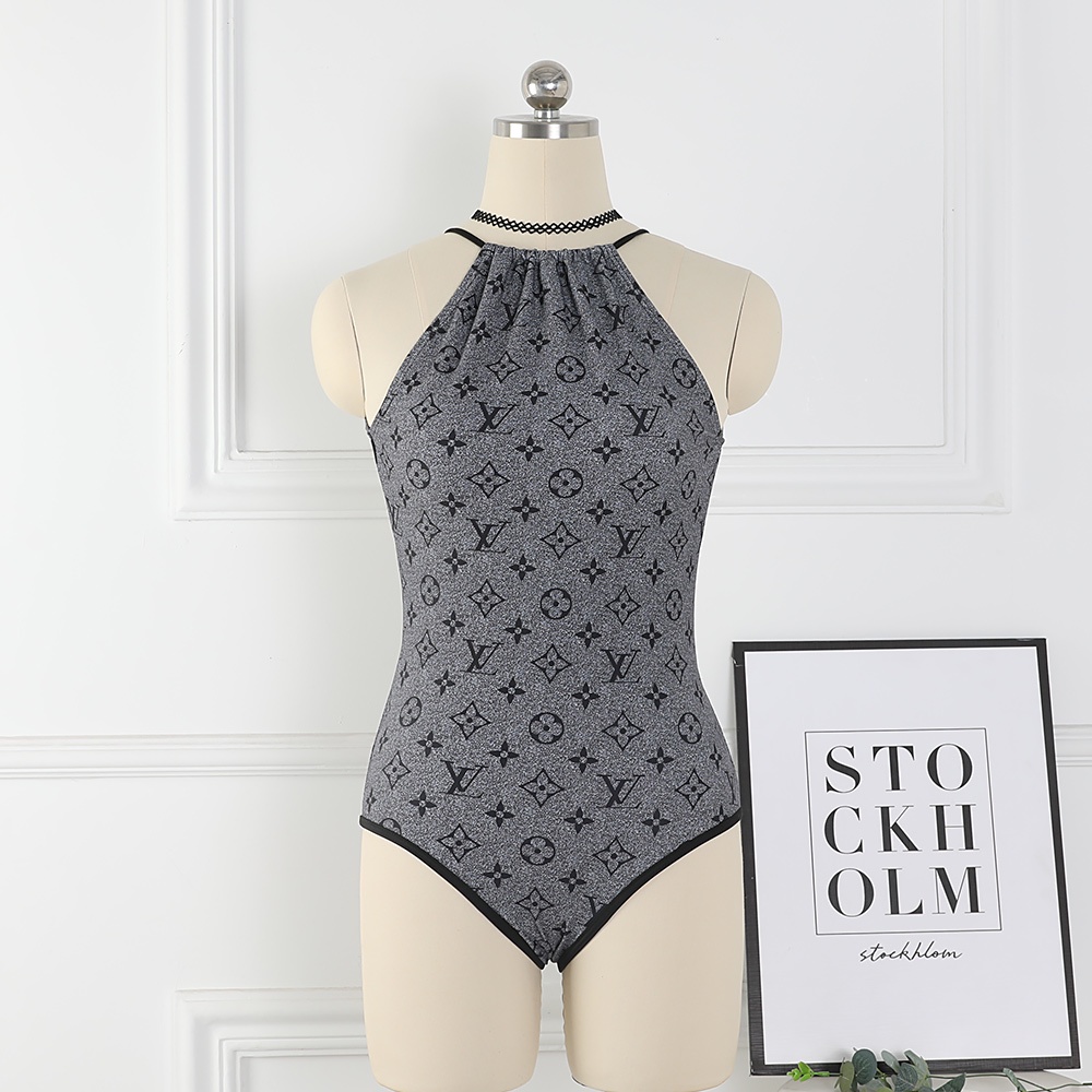 BODYSUIT LV MÀU GHI CỔ TRÒN HỞ LƯNG