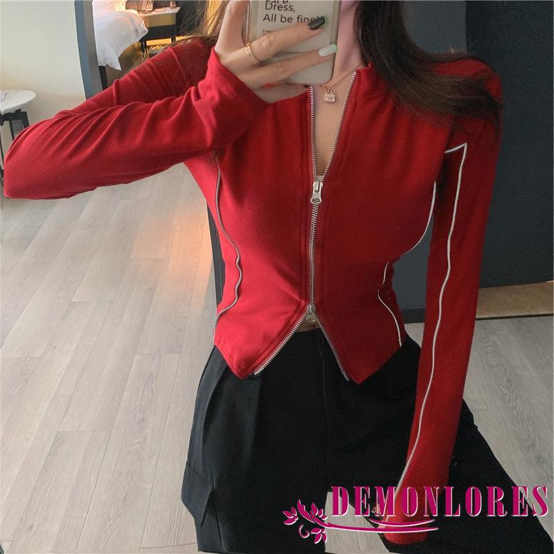 Áo thun dài tay cổ đứng kẻ sọc phản quang có khóa kéo hợp thời trang cho nữ