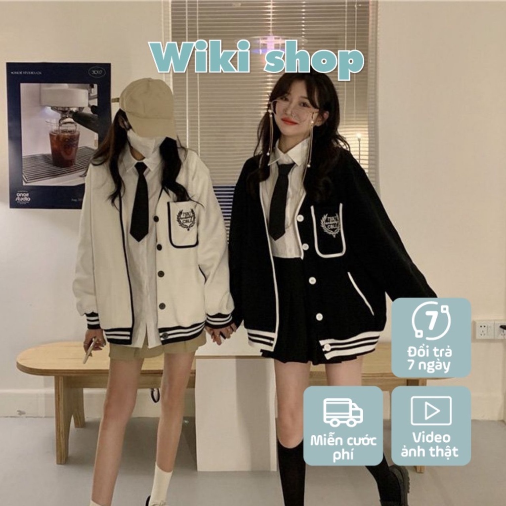 Áo khoác nỉ bóng chày unisex Wikishop màu đen trắng form rộng ulzzang cá tính nam nữ C494 | BigBuy360 - bigbuy360.vn