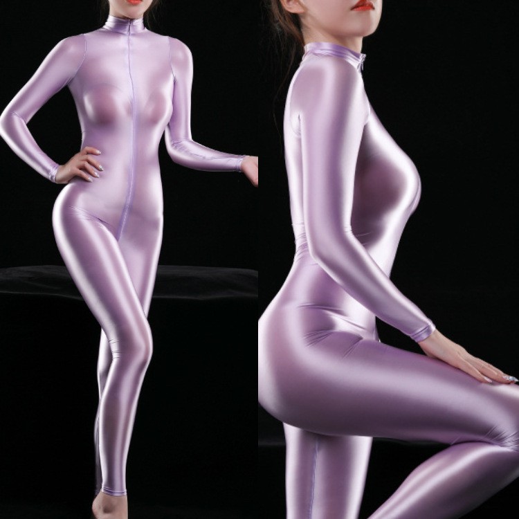 Jumpsuit tay dài khóa kéo hai đầu bằng vải lụa bóng thời trang quyến rũ cho nữ