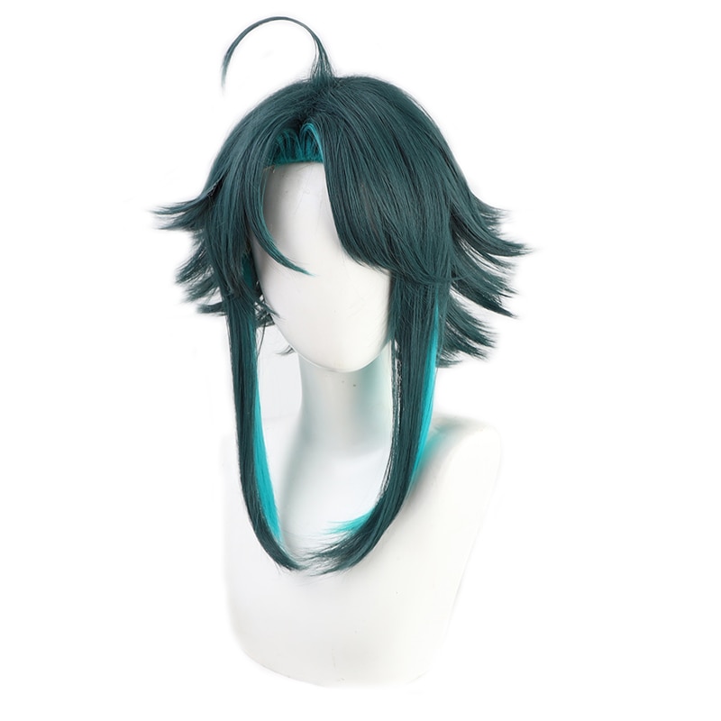 Anime Genshin Impact Xiao Cosplay Wig Mixed Dark Green Blue Short Hair RU8L