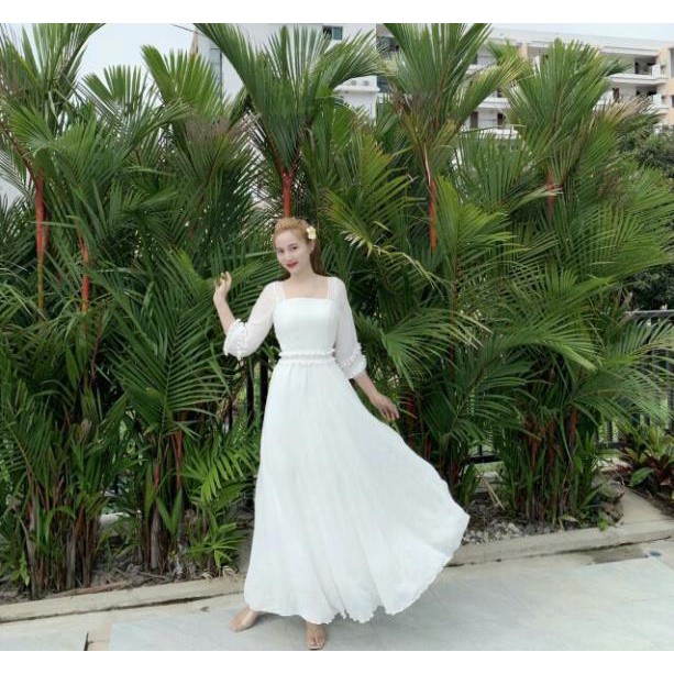 (free chỉnh sửa váy) đầm maxi von trắng tay dài váy xòe, đầm maxi trắng chụp hình cưới, đầm maxi đi tiệc đi biển  ྇