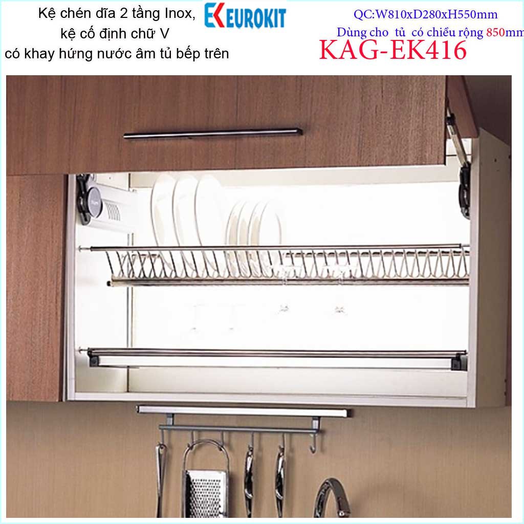 Kệ  chén dĩa âm tủ chữ V KAG-EK416-85cm, Kệ chén bát 2 tầng Eurokit inox bóng cao cấp