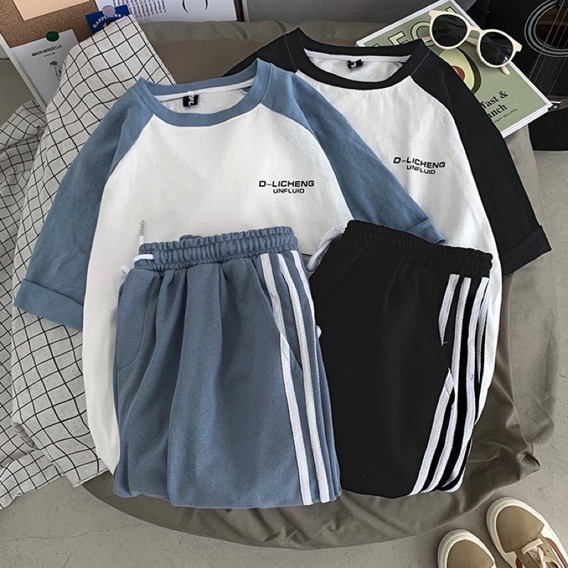 Bộ cộc unisex thể thao 3 sọc D-licheng - Set đồ quần short đùi ống rộng áo thun raglan ngắn tay lỡ nam nữ ulzzang